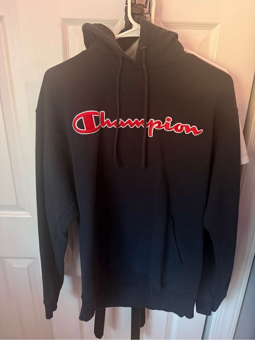 Champion Navy Blue Hoodie with Blue and Red Logo Trim